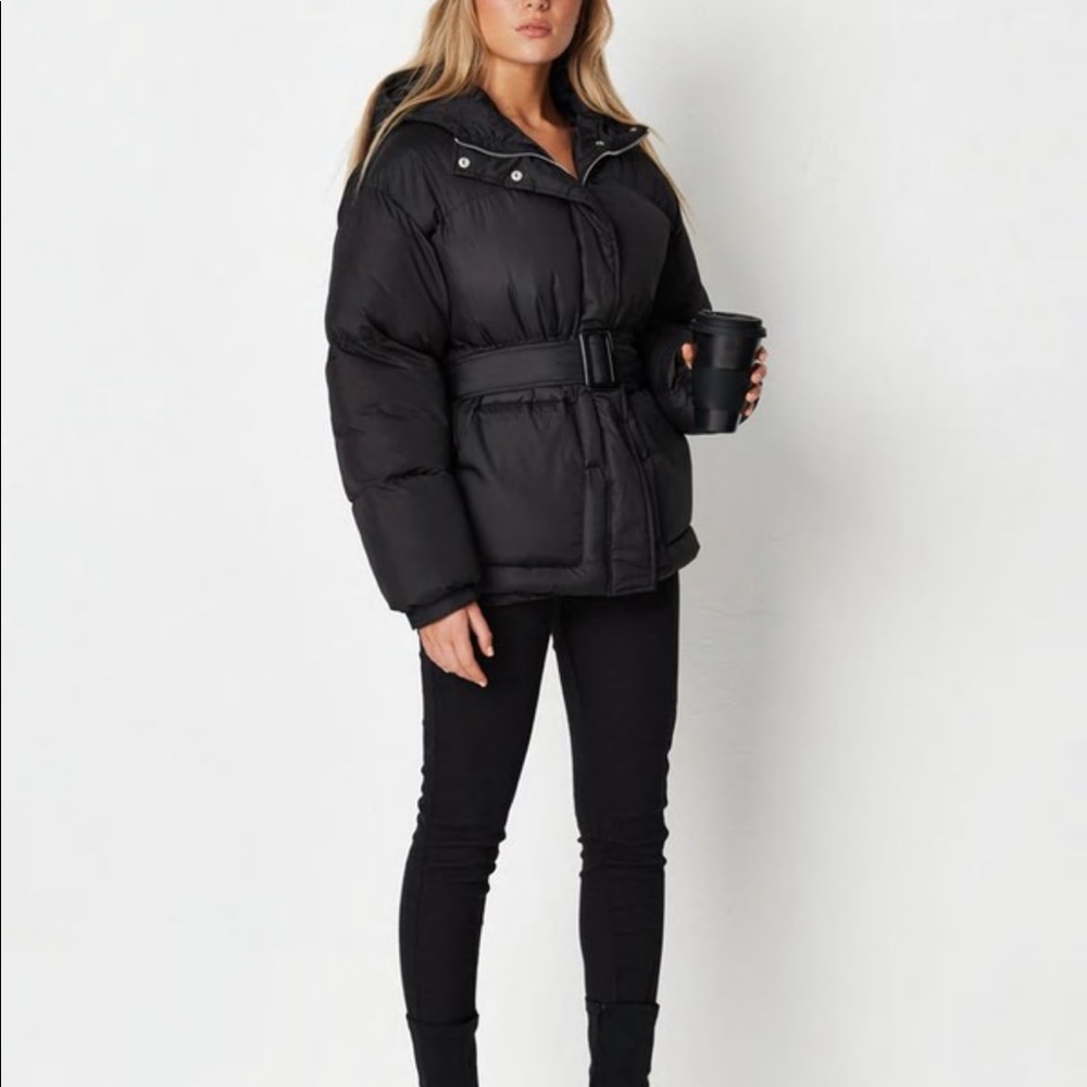 NWT Missguided Black Belted Hood Puffer Coat